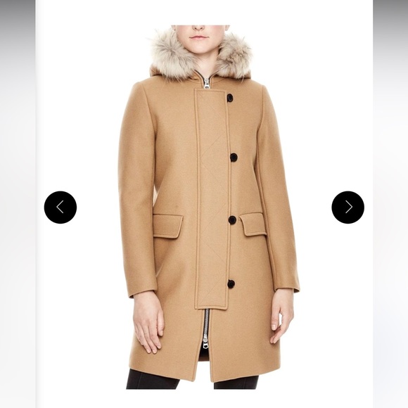 Sandro Women's KURT Camel Wool Coat with Fur Trim Hood 4 Buttons - Picture 1 of 5